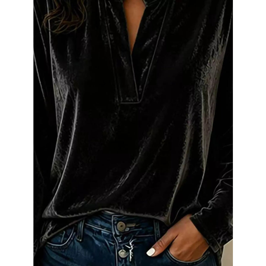 Full Size Velvet Notched Long Sleeve Blouse Plus Size Apparel and Accessories