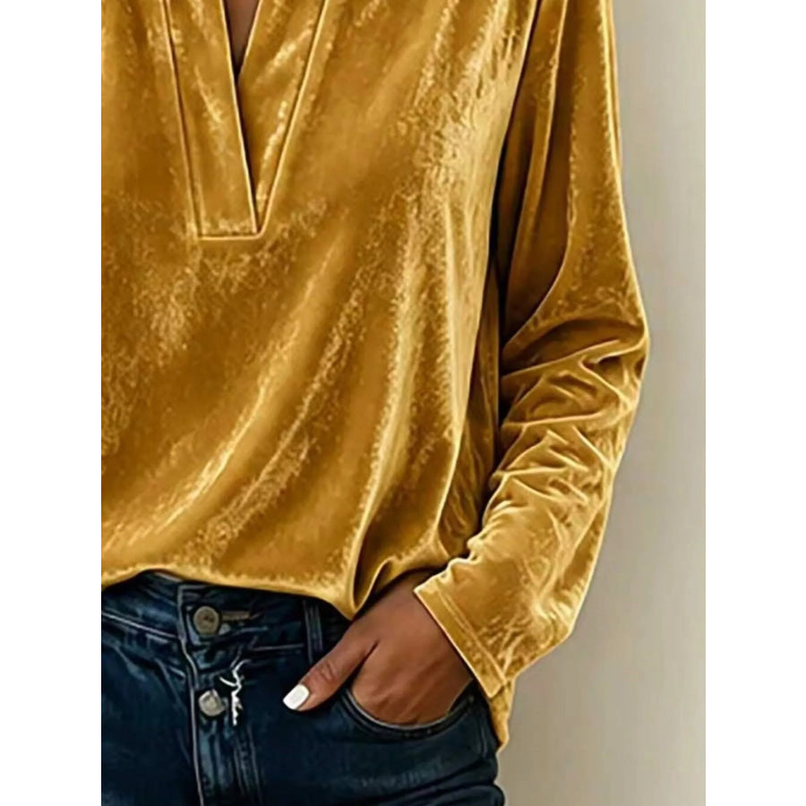 Full Size Velvet Notched Long Sleeve Blouse Plus Size Apparel and Accessories