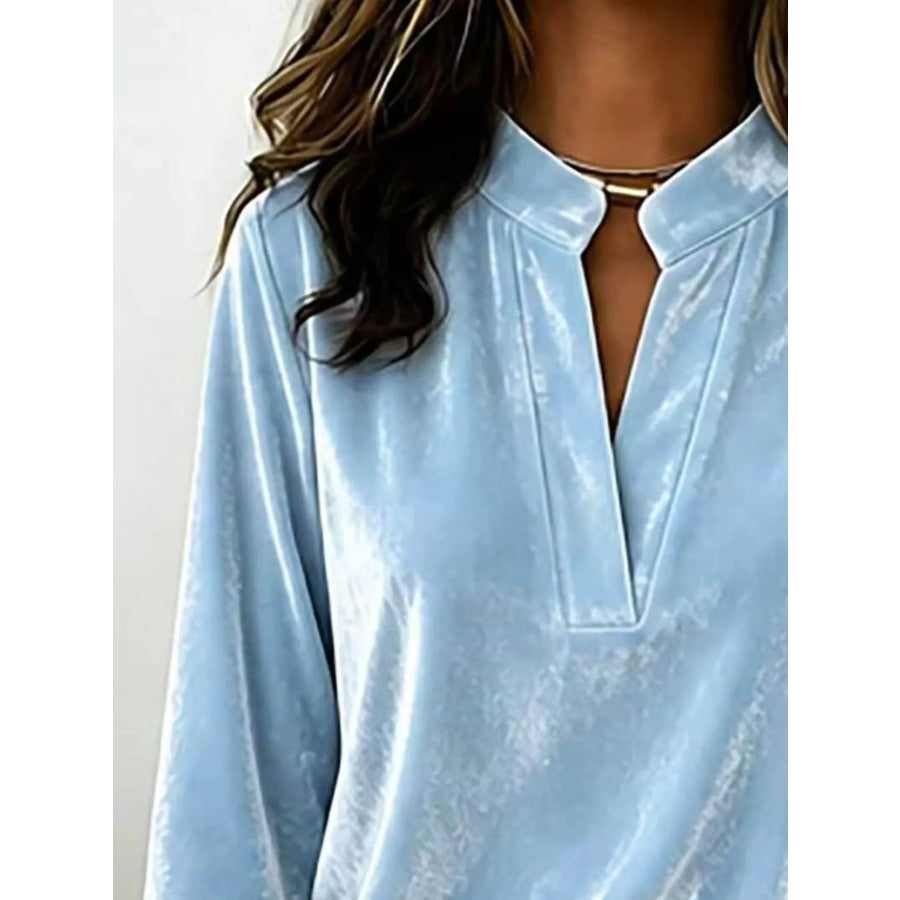 Full Size Velvet Notched Long Sleeve Blouse Plus Size Apparel and Accessories
