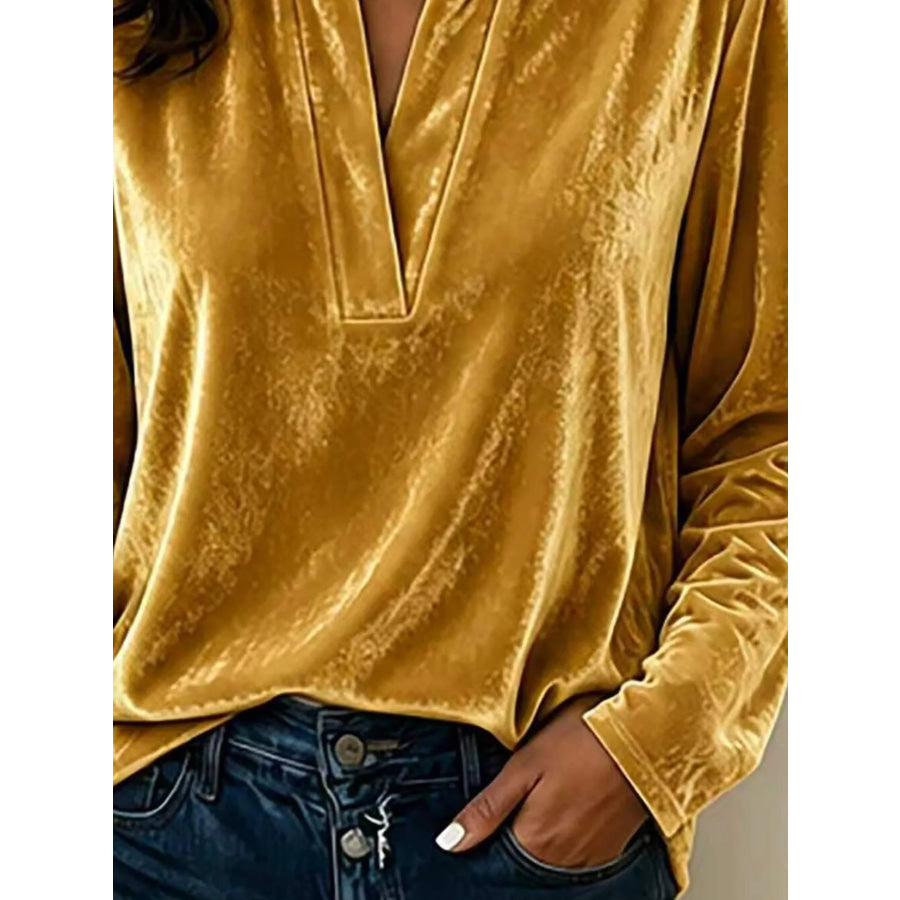 Full Size Velvet Notched Long Sleeve Blouse Plus Size Apparel and Accessories
