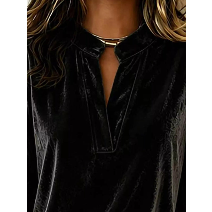 Full Size Velvet Notched Long Sleeve Blouse Plus Size Apparel and Accessories
