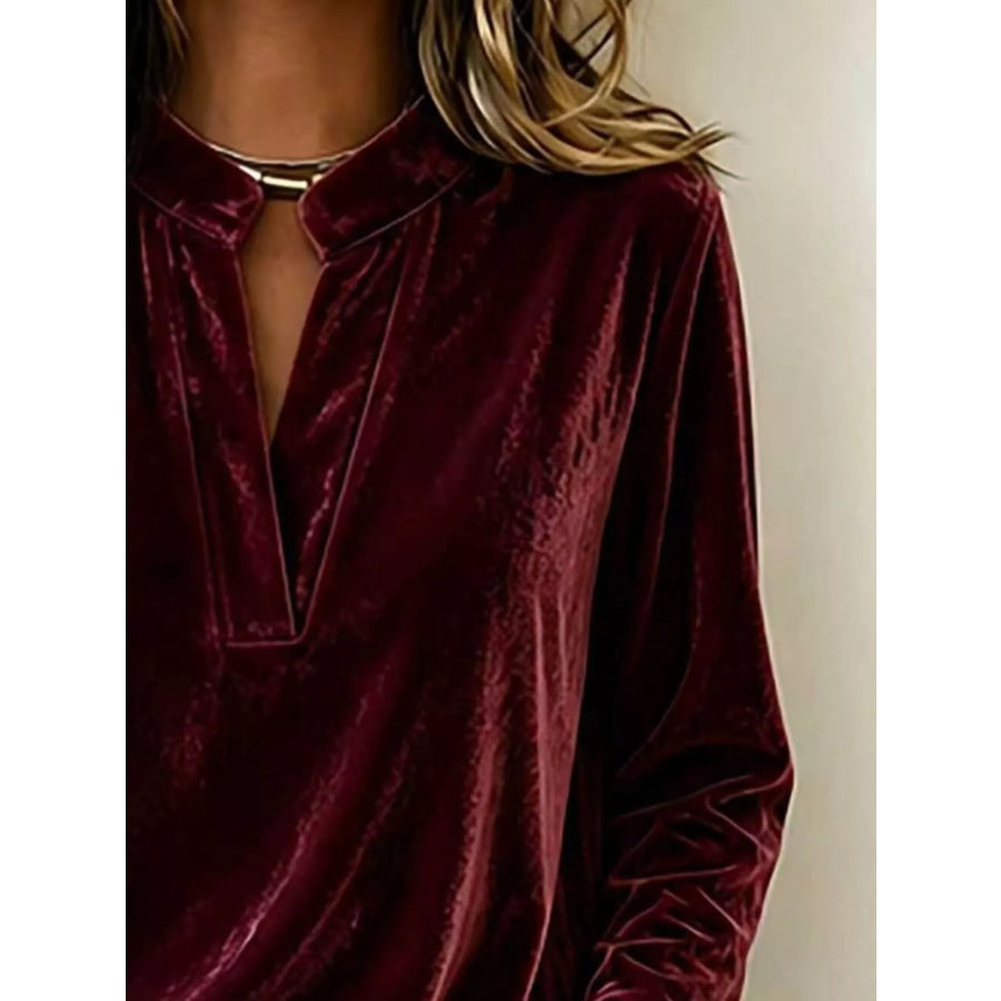 Full Size Velvet Notched Long Sleeve Blouse Plus Apparel and Accessories