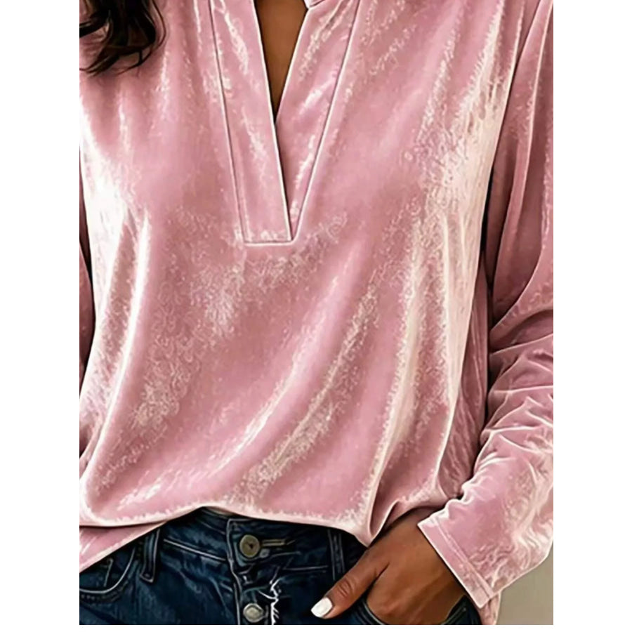 Full Size Velvet Notched Long Sleeve Blouse Plus Size Apparel and Accessories