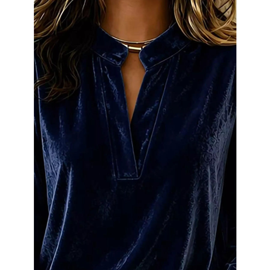 Full Size Velvet Notched Long Sleeve Blouse Plus Size Apparel and Accessories