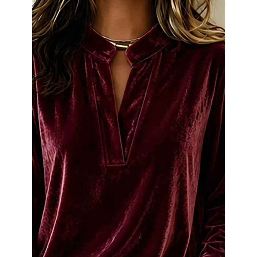Full Size Velvet Notched Long Sleeve Blouse Plus Size Apparel and Accessories