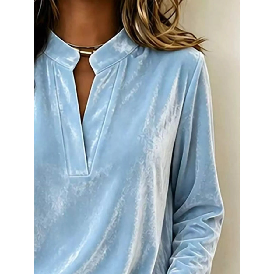 Full Size Velvet Notched Long Sleeve Blouse Plus Apparel and Accessories