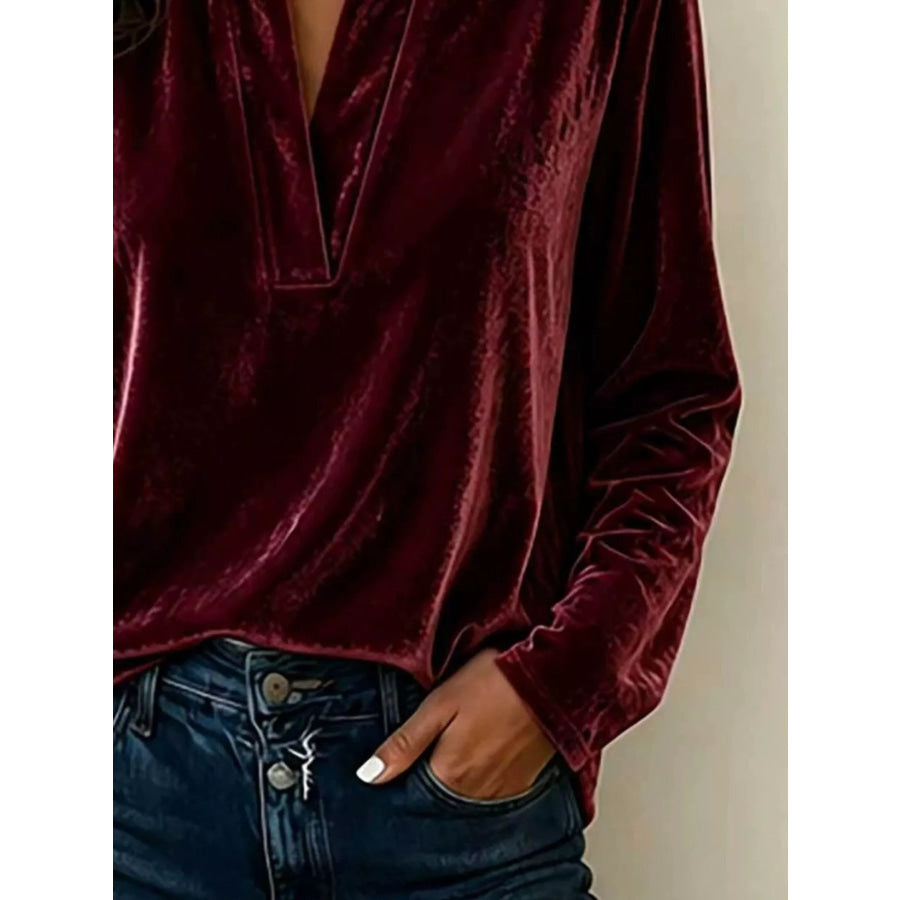 Full Size Velvet Notched Long Sleeve Blouse Plus Size Apparel and Accessories