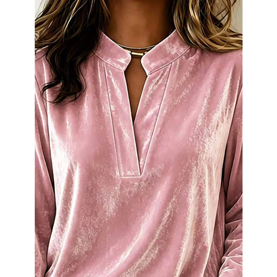 Full Size Velvet Notched Long Sleeve Blouse Plus Size Apparel and Accessories