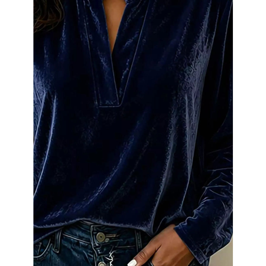 Full Size Velvet Notched Long Sleeve Blouse Plus Size Apparel and Accessories