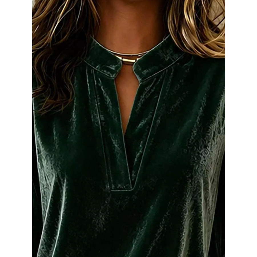 Full Size Velvet Notched Long Sleeve Blouse Plus Size Apparel and Accessories