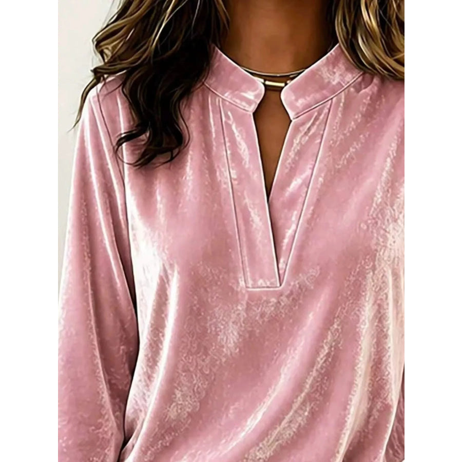 Full Size Velvet Notched Long Sleeve Blouse Plus Size Apparel and Accessories
