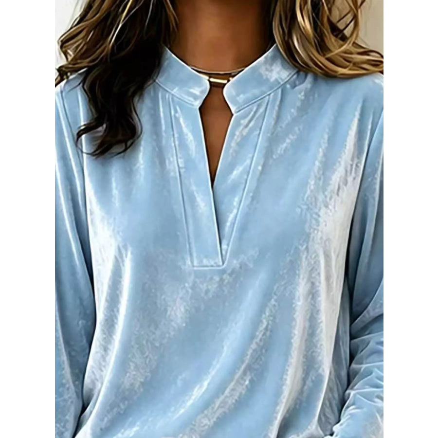 Full Size Velvet Notched Long Sleeve Blouse Plus Size Apparel and Accessories