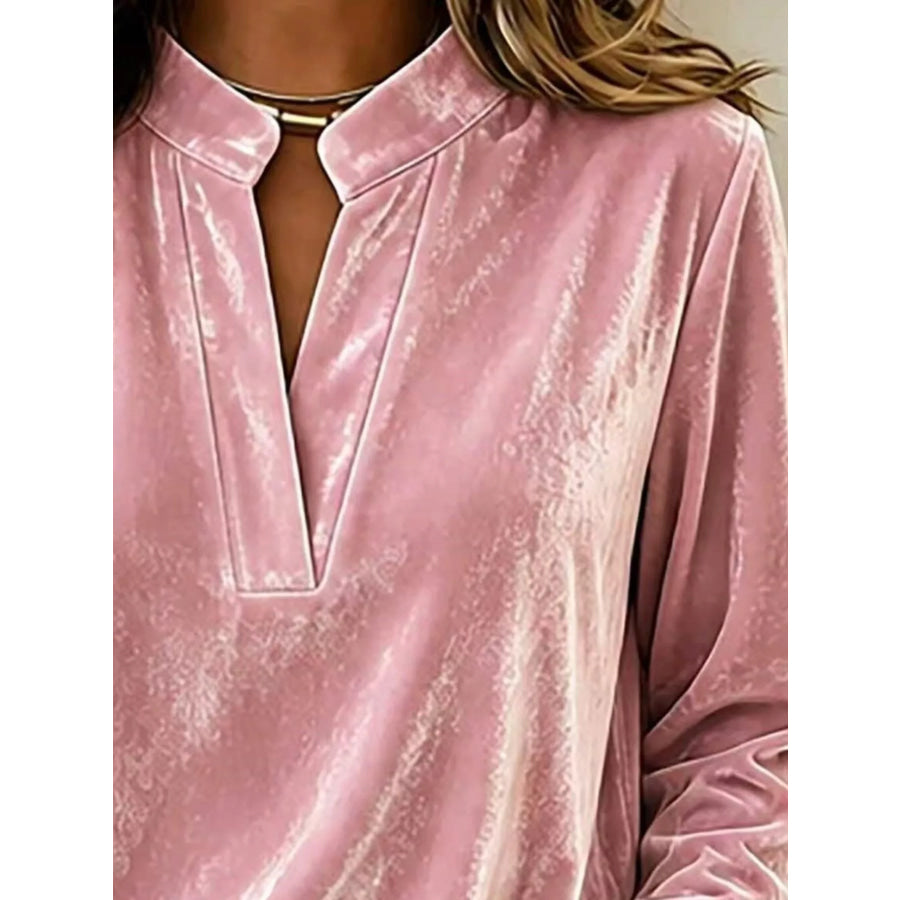 Full Size Velvet Notched Long Sleeve Blouse Plus Apparel and Accessories