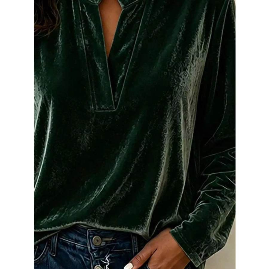 Full Size Velvet Notched Long Sleeve Blouse Plus Size Apparel and Accessories