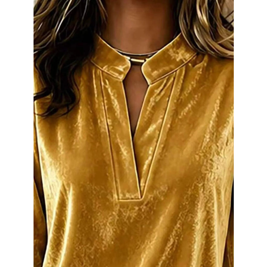 Full Size Velvet Notched Long Sleeve Blouse Plus Size Apparel and Accessories