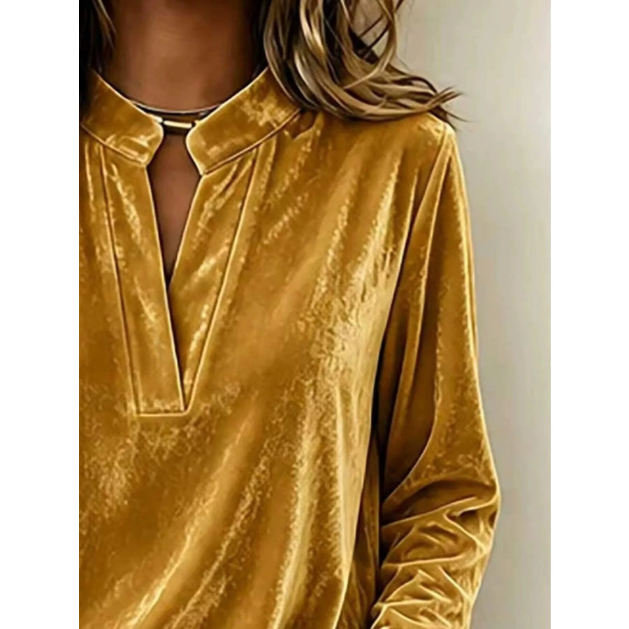Full Size Velvet Notched Long Sleeve Blouse Plus Apparel and Accessories