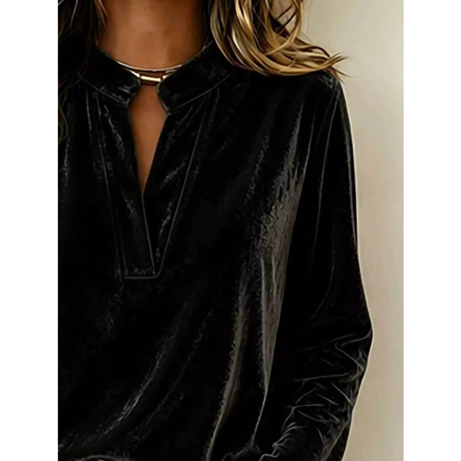 Full Size Velvet Notched Long Sleeve Blouse Plus Apparel and Accessories