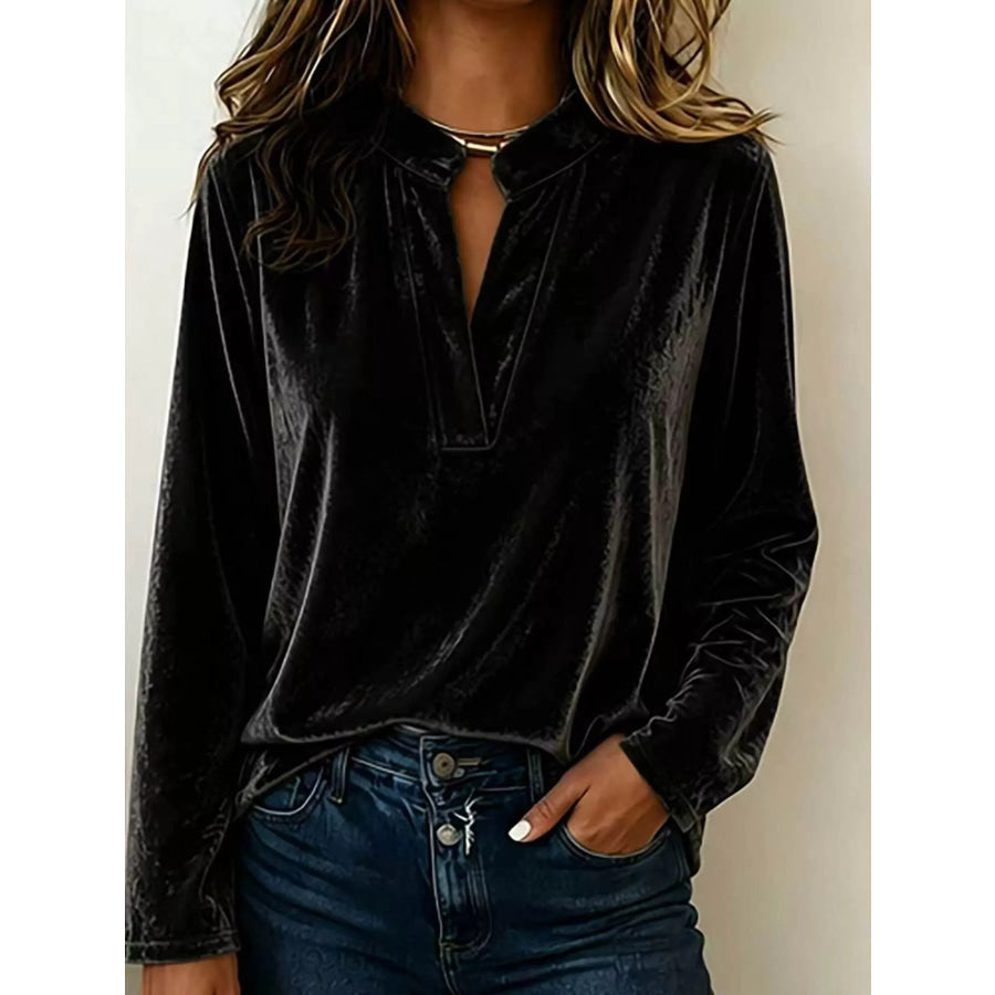 Full Size Velvet Notched Long Sleeve Blouse Plus Size Black / S Apparel and Accessories