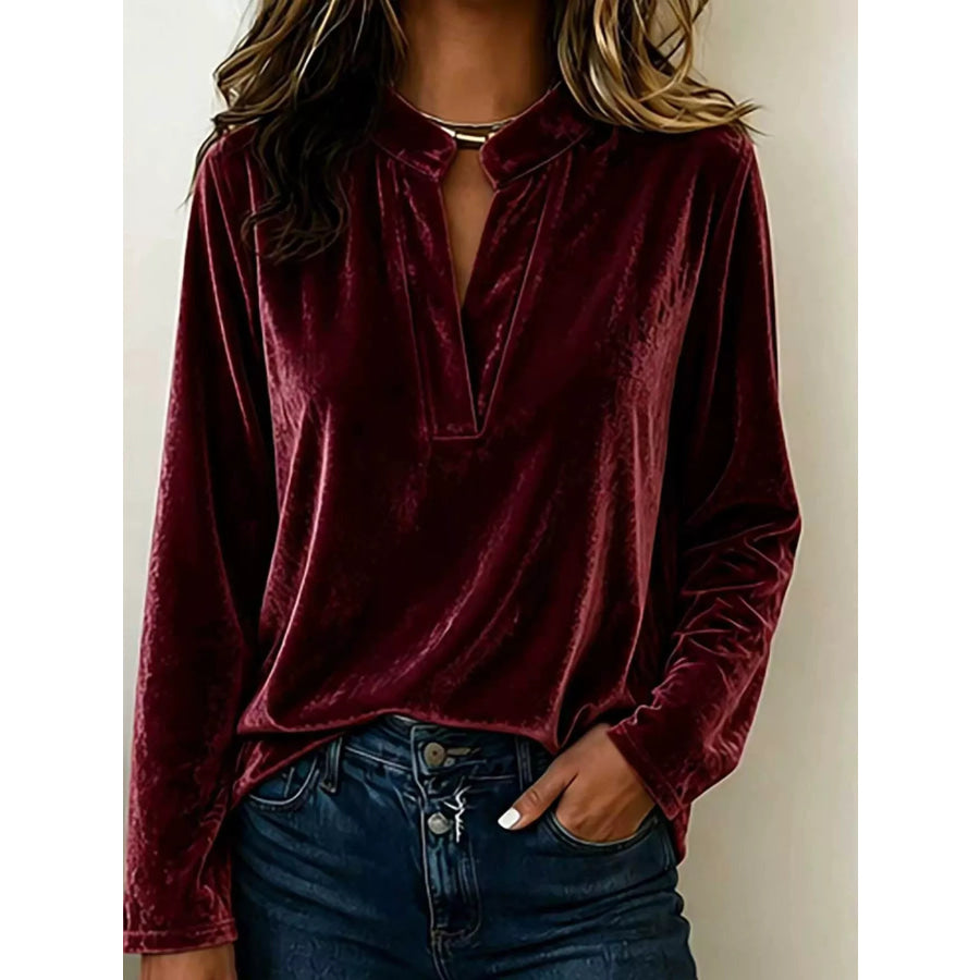 Full Size Velvet Notched Long Sleeve Blouse Plus Size Burgundy / S Apparel and Accessories