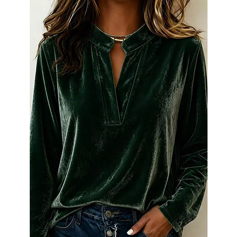 Full Size Velvet Notched Long Sleeve Blouse Plus Size Dark Green / S Apparel and Accessories