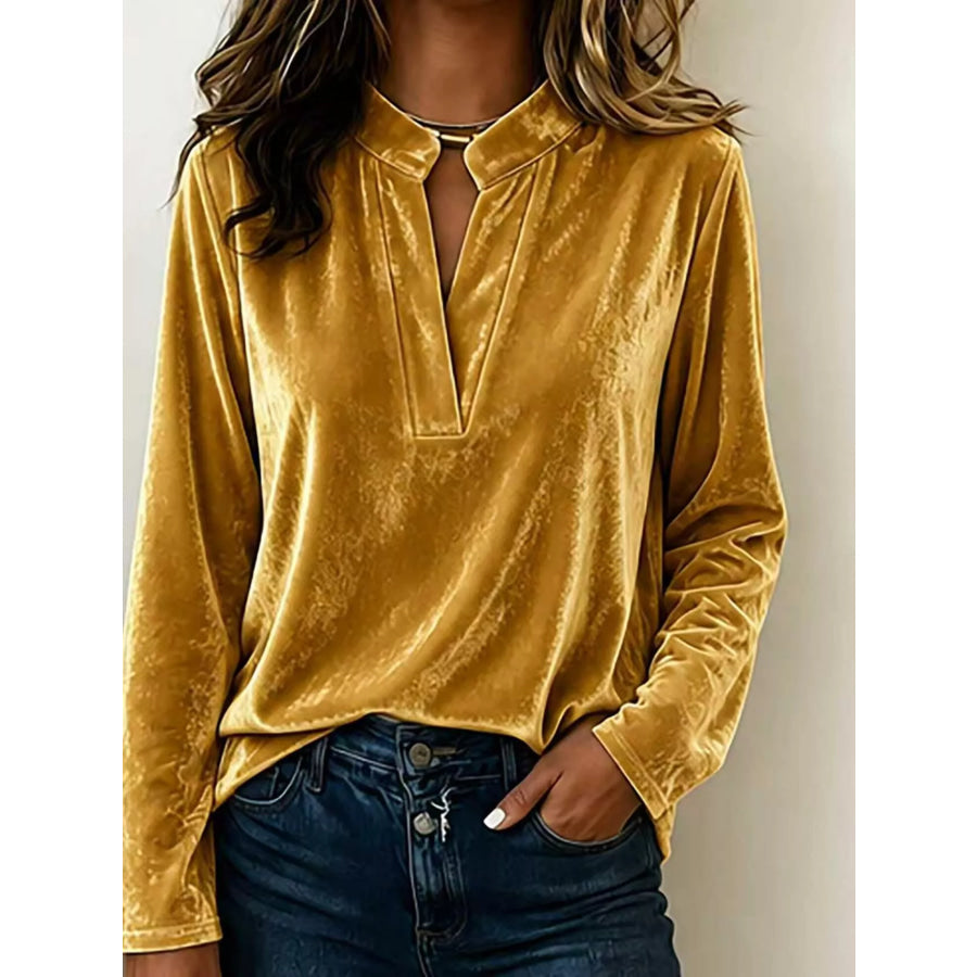 Full Size Velvet Notched Long Sleeve Blouse Plus Size Gold / S Apparel and Accessories