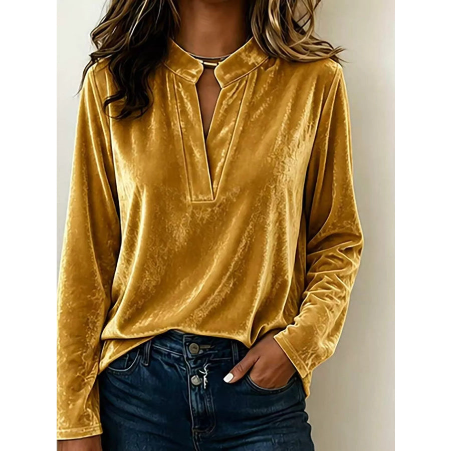 Full Size Velvet Notched Long Sleeve Blouse Plus Gold / S Apparel and Accessories