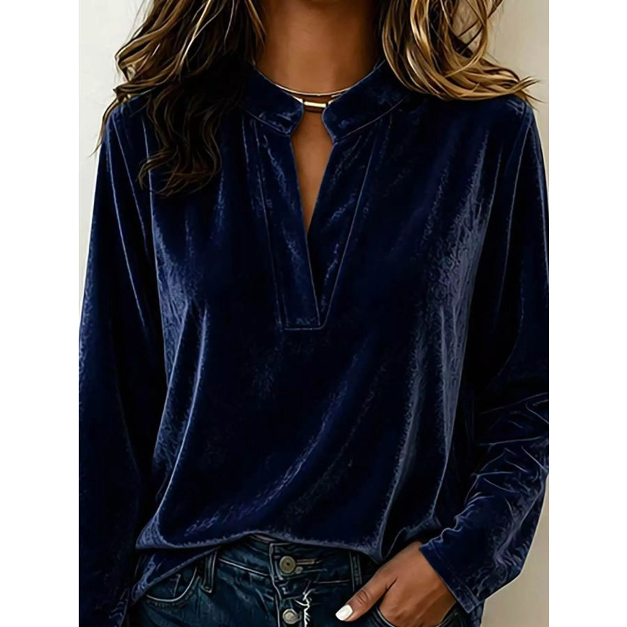 Full Size Velvet Notched Long Sleeve Blouse Plus Size Navy / S Apparel and Accessories