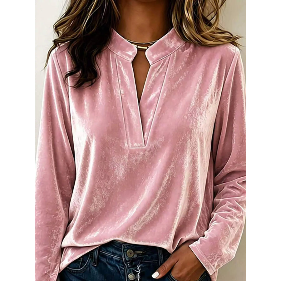 Full Size Velvet Notched Long Sleeve Blouse Plus Size Pink / S Apparel and Accessories