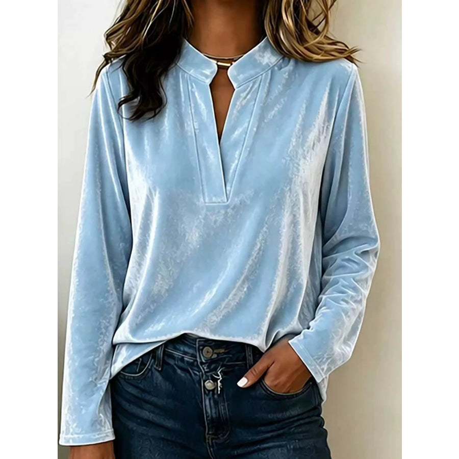 Full Size Velvet Notched Long Sleeve Blouse Plus Size Sky Blue / S Apparel and Accessories