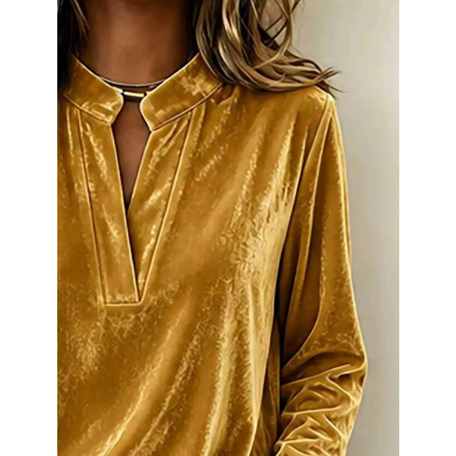 Full Size Velvet Notched Long Sleeve Top Plus Size Apparel and Accessories