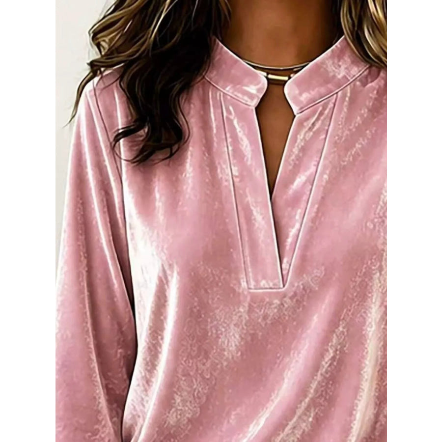 Full Size Velvet Notched Long Sleeve Top Plus Size Apparel and Accessories