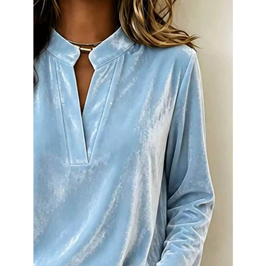 Full Size Velvet Notched Long Sleeve Top Plus Size Apparel and Accessories