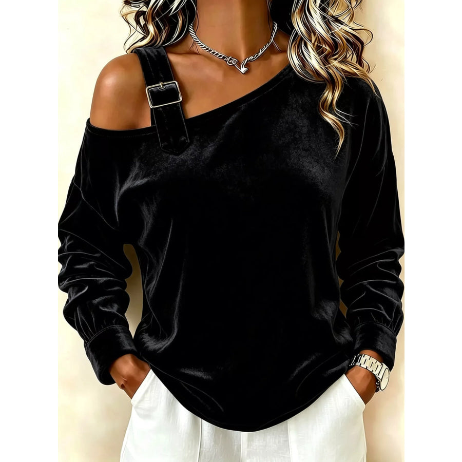 Full Size Velvet One-Shoulder Top with Buckle Detail Plus Size Black / S Apparel and Accessories