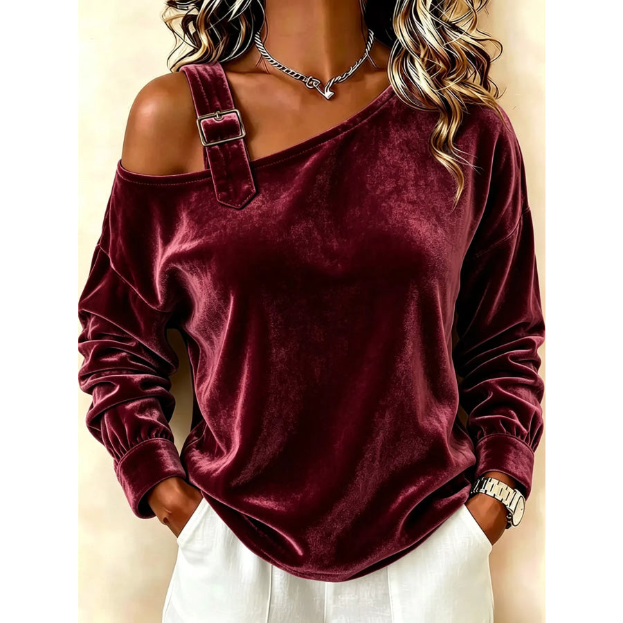 Full Size Velvet One-Shoulder Top with Buckle Detail Plus Size Burgundy / S Apparel and Accessories