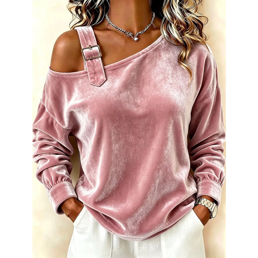 Full Size Velvet One-Shoulder Top with Buckle Detail Plus Size Pink / S Apparel and Accessories
