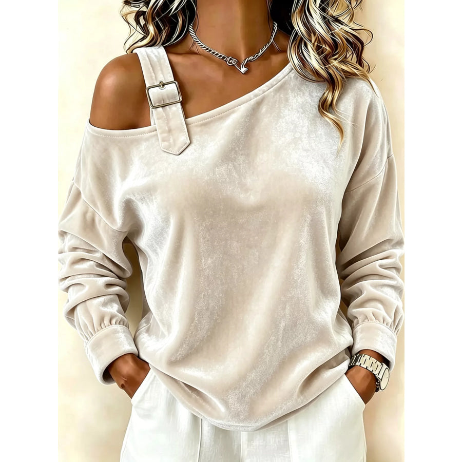 Full Size Velvet One-Shoulder Top with Buckle Detail Plus Size White / S Apparel and Accessories