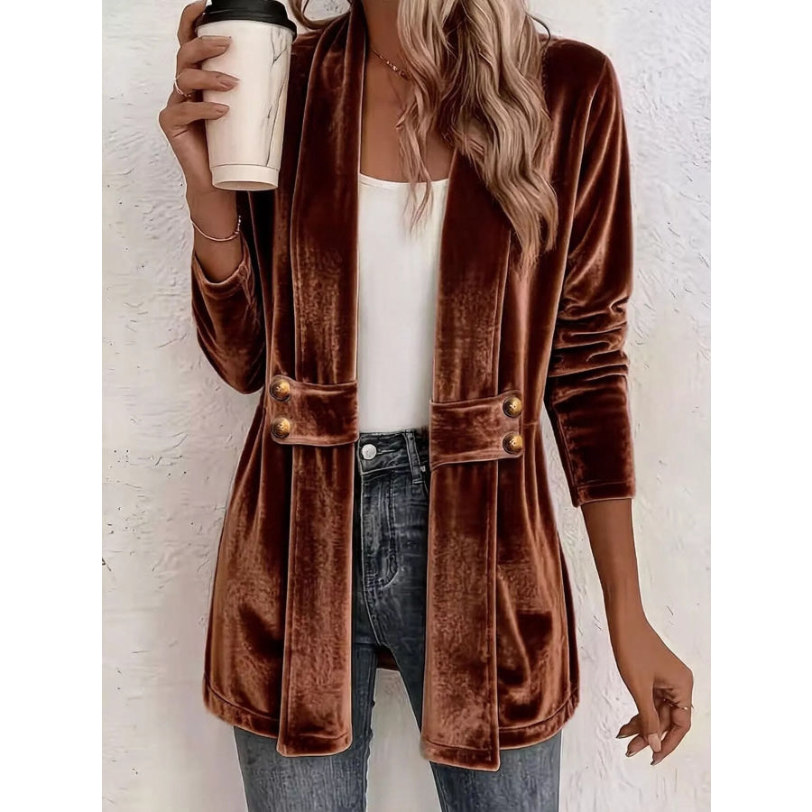 Full Size Velvet Open-Front Cardigan Plus Size Brown / S Apparel and Accessories