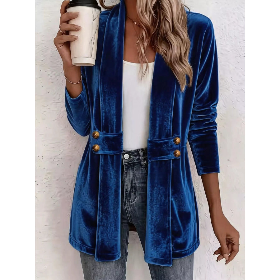 Full Size Velvet Open-Front Cardigan Plus Size Dark Blue / S Apparel and Accessories