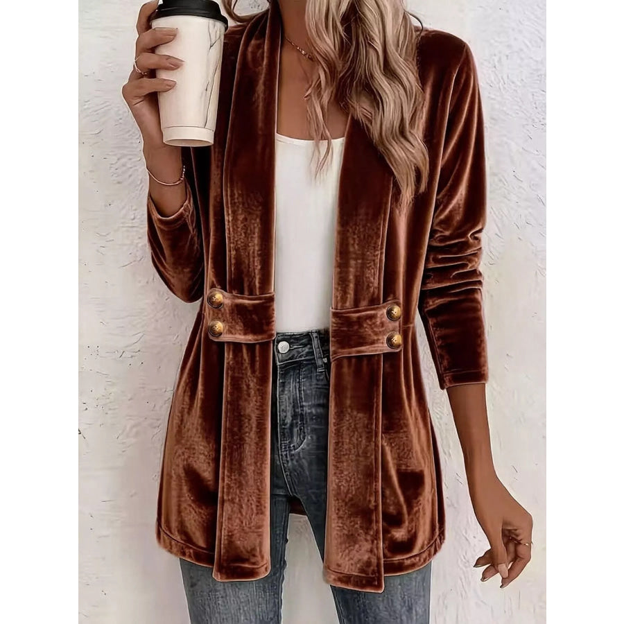 Full Size Velvet Open-Front Cardigan Plus Size Dark Brown / S Apparel and Accessories