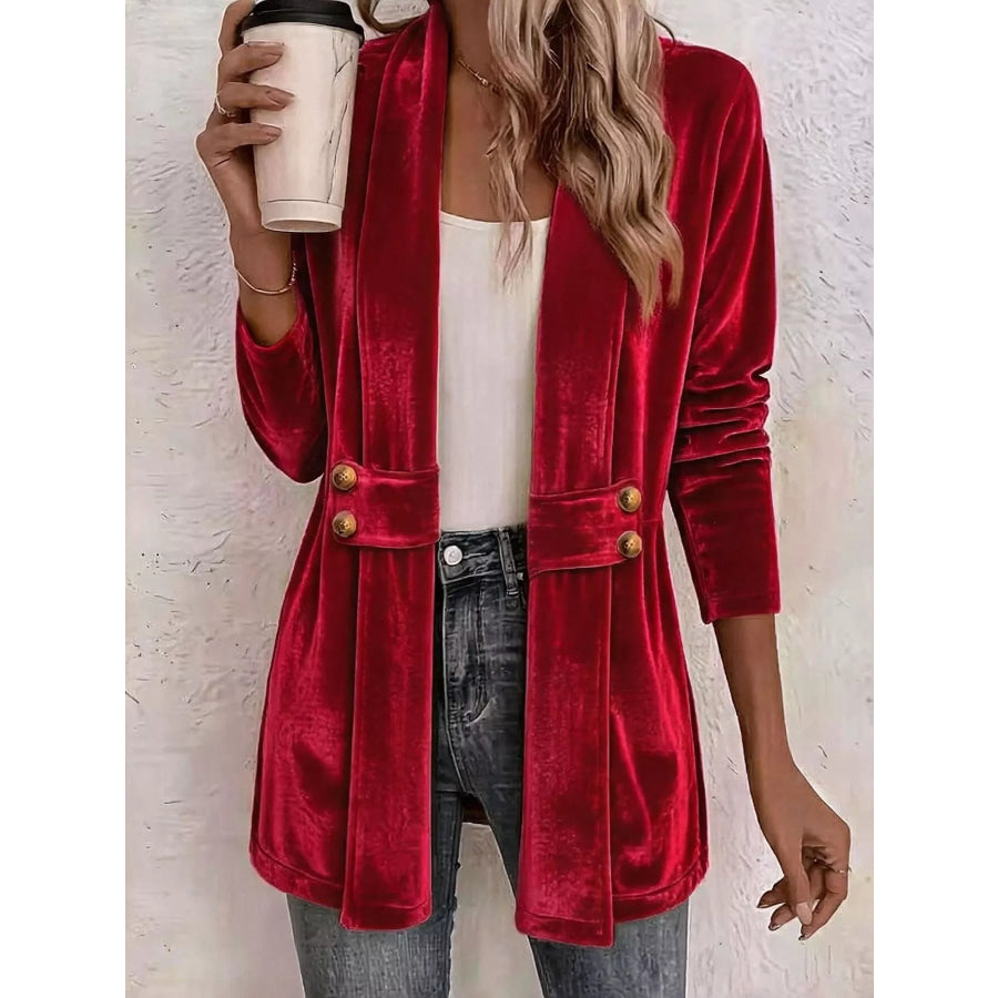 Full Size Velvet Open-Front Cardigan Plus Size Red / S Apparel and Accessories