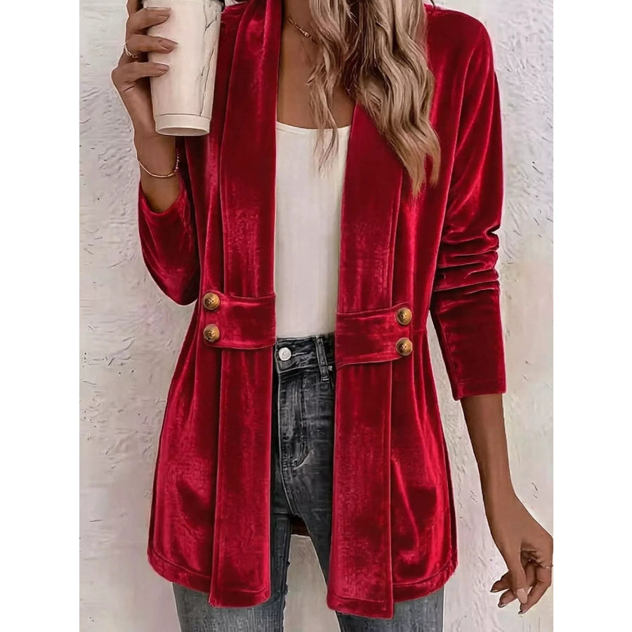 Full Size Velvet Open-Front Cardigan Plus Size Red / S Apparel and Accessories