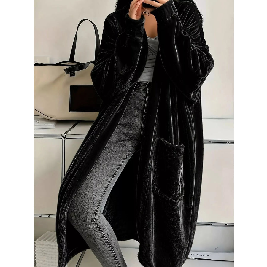 Full Size Velvet Open-Front Longline Outerwear Plus Black / S Apparel and Accessories