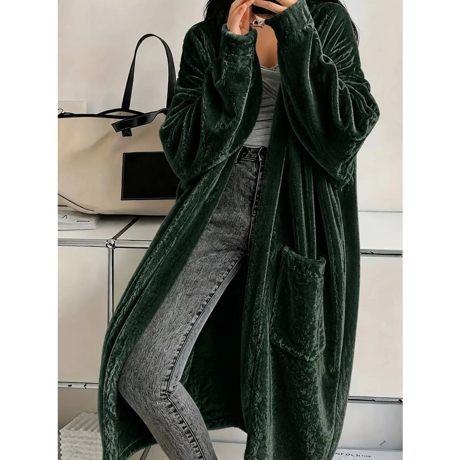 Full Size Velvet Open-Front Longline Outerwear Plus Green / S Apparel and Accessories