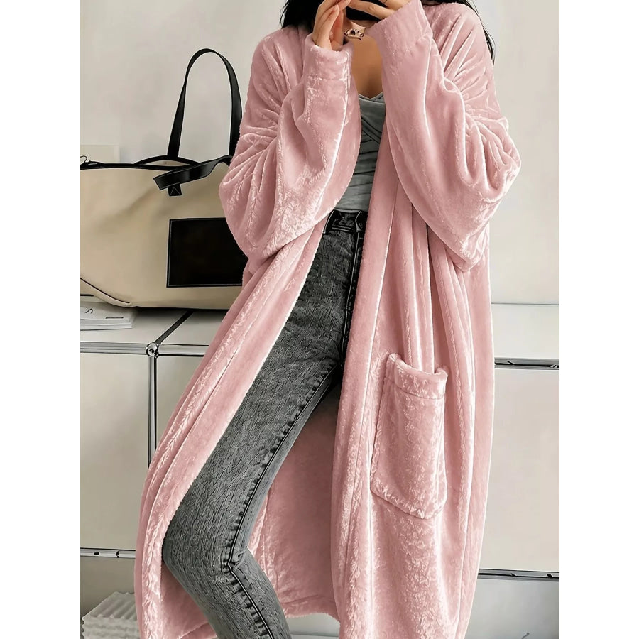 Full Size Velvet Open-Front Longline Outerwear Plus Pink / S Apparel and Accessories