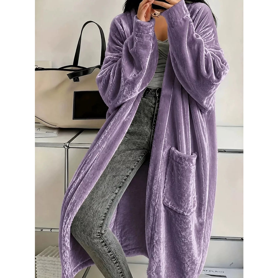 Full Size Velvet Open-Front Longline Outerwear Plus Purple / S Apparel and Accessories