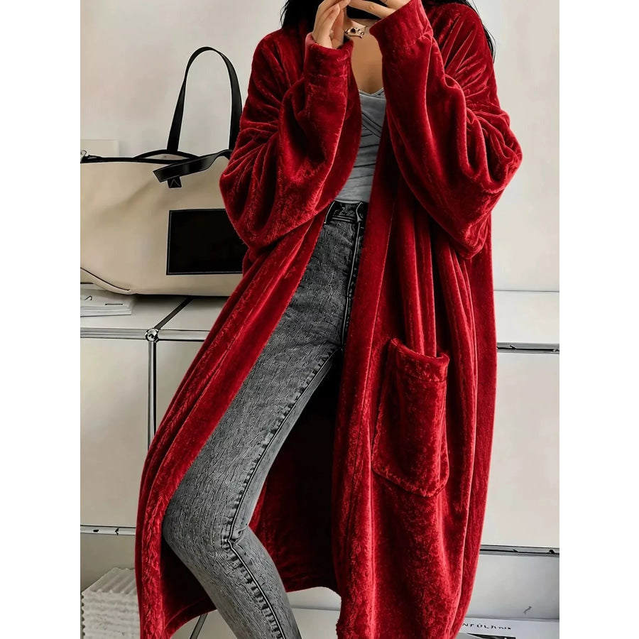 Full Size Velvet Open-Front Longline Outerwear Plus Red / S Apparel and Accessories