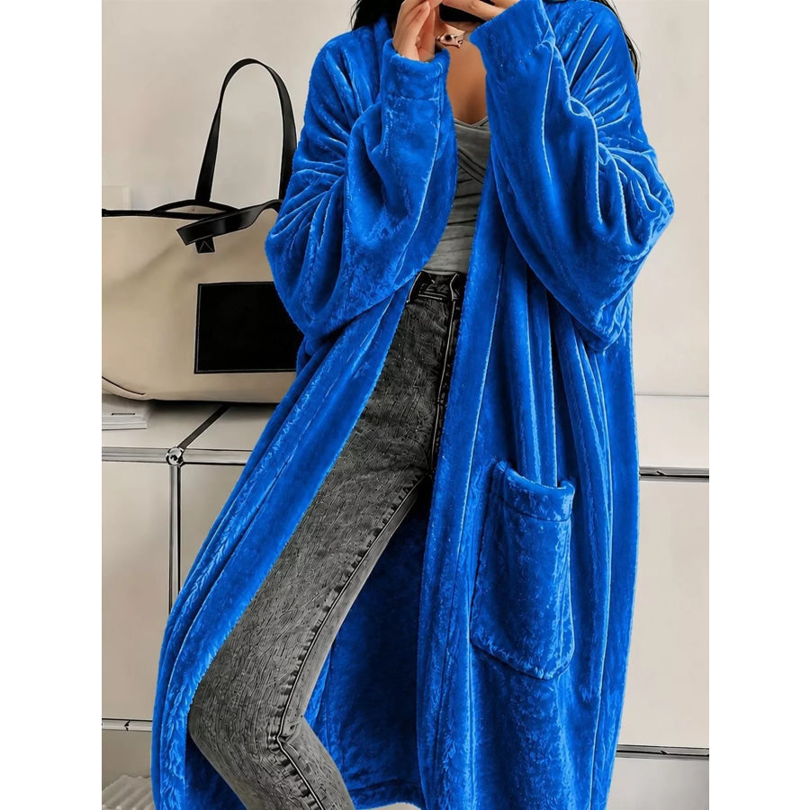 Full Size Velvet Open-Front Longline Outerwear Plus Sky Blue / S Apparel and Accessories