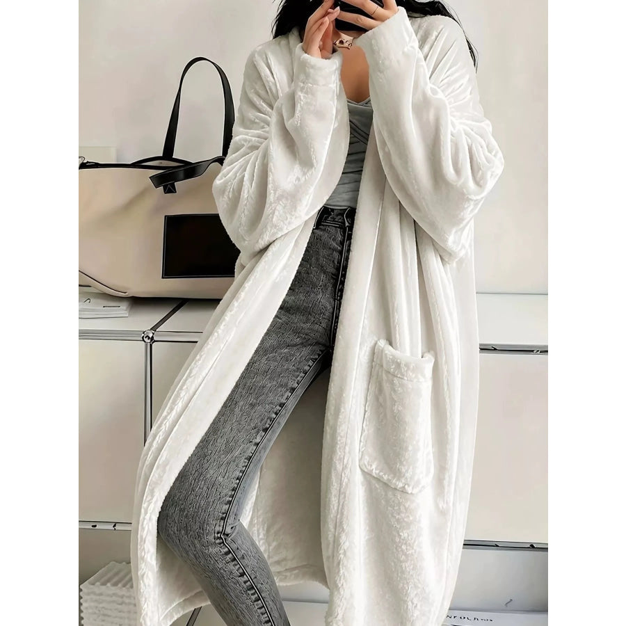 Full Size Velvet Open-Front Longline Outerwear Plus White / S Apparel and Accessories