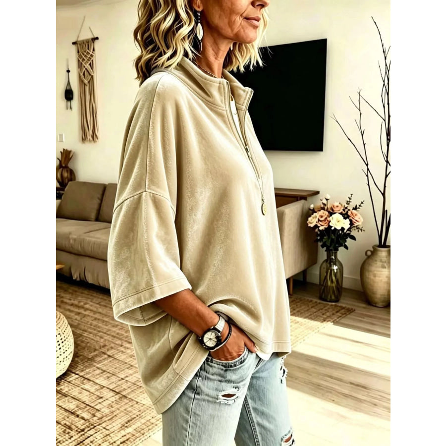 Full Size Velvet Quarter-Zip Sweatshirt Plus Size Apparel and Accessories