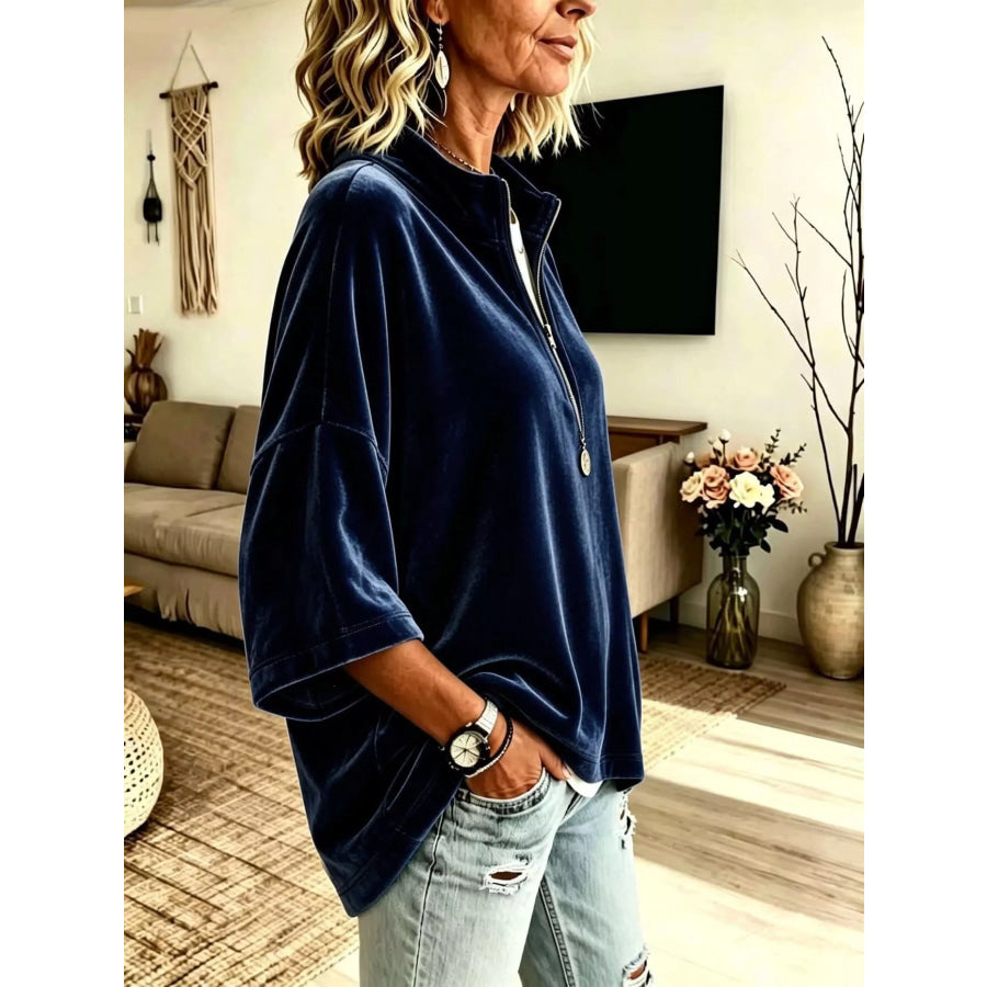 Full Size Velvet Quarter-Zip Sweatshirt Plus Size Apparel and Accessories